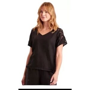 XCVI Size S Linen & Cotton Crochet Top V- Neck Short Sleeves Lagenlook Black